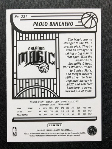2022-23 NBA Hoops PAOLO BANCHERO RC Orlando Magic #231 - Imagen 2 de 2