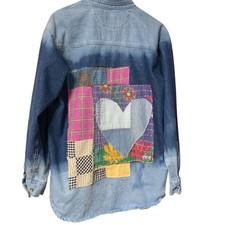 Upcycled Denim Shirt Mens L Bleached Heart Patchwork Boho Art To Wear Vintage