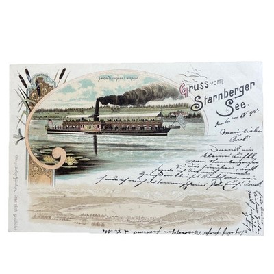 Postkarte AK Starnberg See b. München Lithographie Dampfer Luitpold Gl. 1898