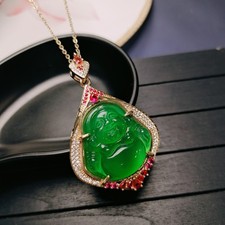 Natural Green Jade Handmade inlaid red diamonds Buddha Pendant Necklace Gifts