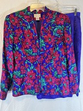 Adrianna Papell Womens Multicolor Floral Silk Blazer Skirt Suit Set 2 Pc Size 8