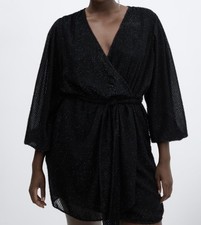 MNG Lurex Faux Wrap Dress Women’s 18 Black Holiday New Years Party Shimmering