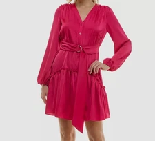Taylor Women Pink V-Neck Belted Chiffon Mini Fit-Flare Shirt Dress Size 12