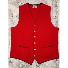 Vintage The Emporium Men M Red 100 Wool Vest with Black Piping Brass Buttons