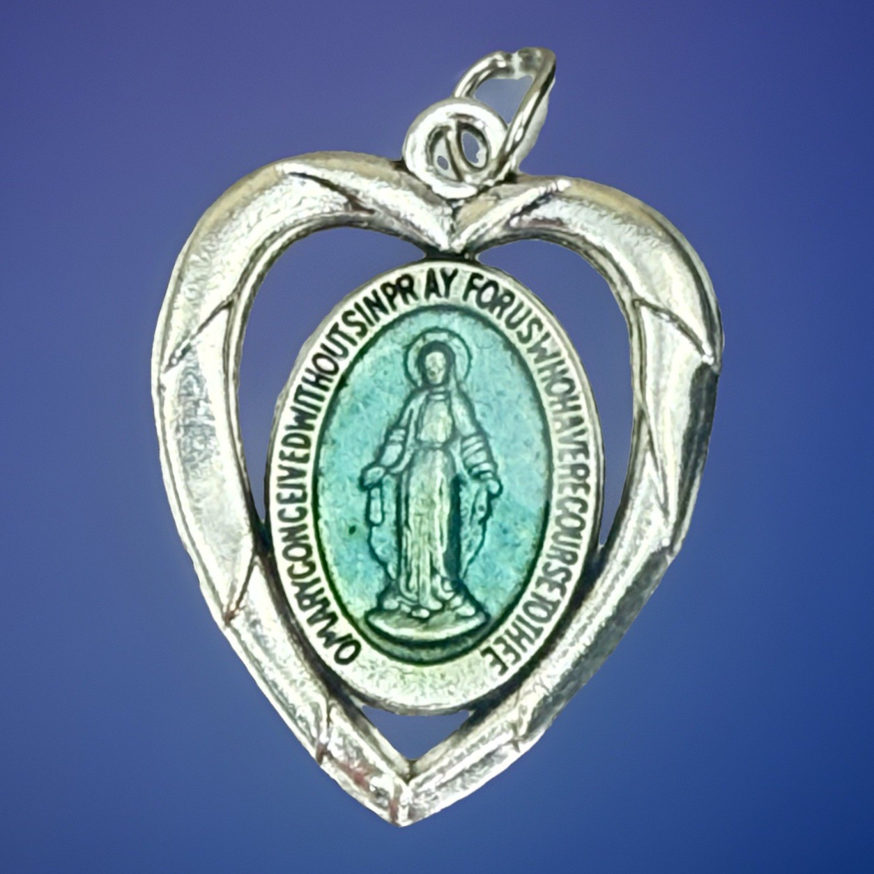Catholic Miraculous Mary Blue Enamel Silver Tone Heart Religious Medal ...
