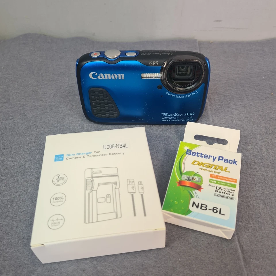 Canon PowerShot D30 12.1MP Blue Waterproof Digital Camera w/ Battery and Charger