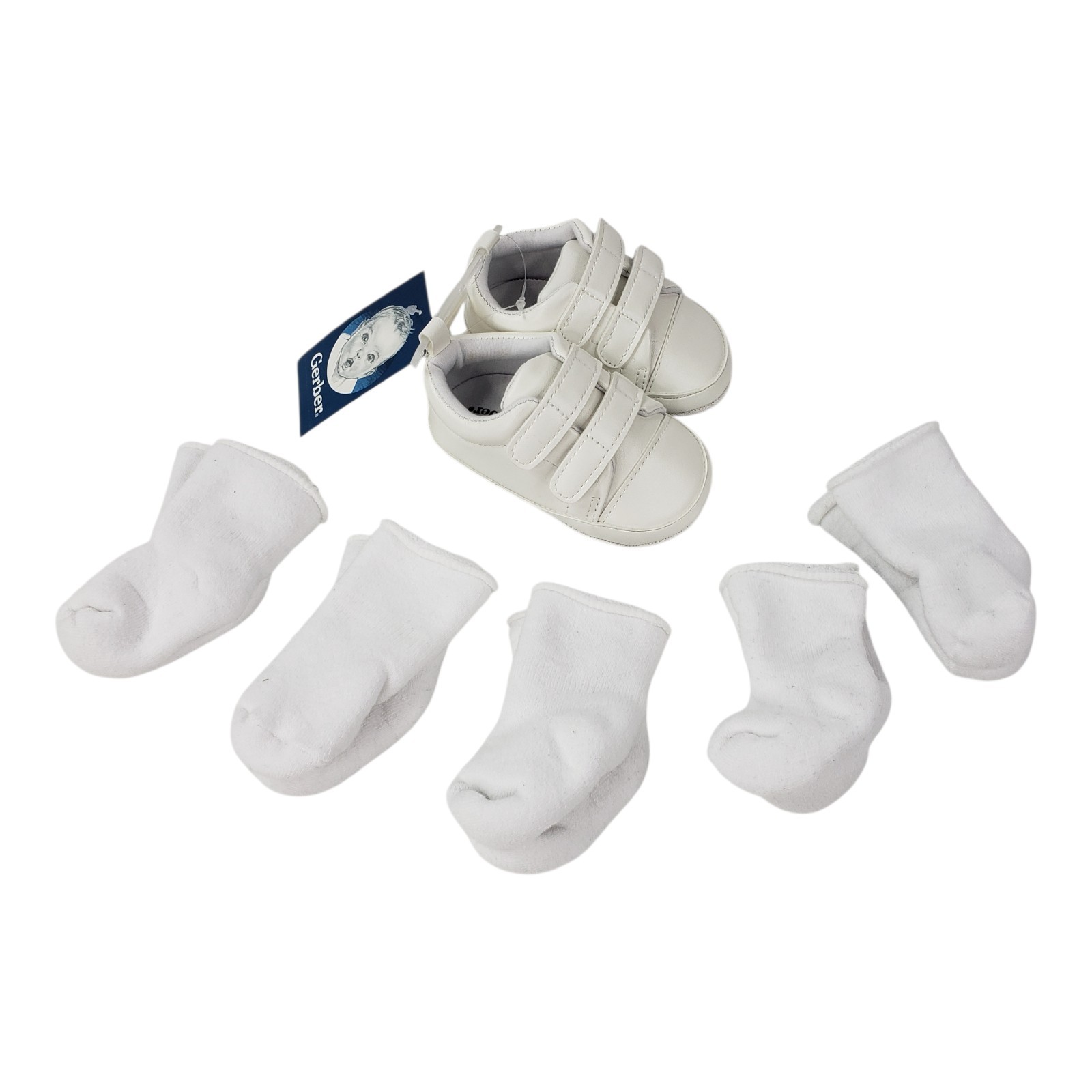 Sneakers White Hook & Loop Size 2 Unisex & 5 Pairs White Socks