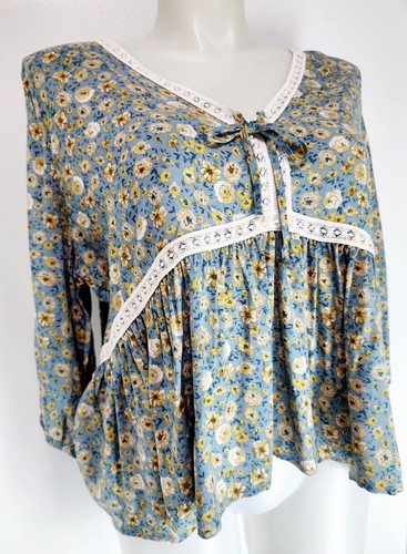 Ladies Vanilla Star Floral Peasant Top Boho Crochet Peplum Balloon 3/4 Sleeve - Picture 5 of 22