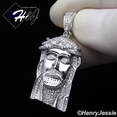 925 STERLING SILVER ICY BLING CUBIC ZIRCONIA 3D JESUS FACE PENDANT ...