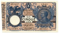 5 LIRE BIGLIETTO DI STATO VITTORIO EMANUELE III FLOREALE 22/01/1914 FDS-/FDS