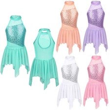 Girls' Lyrical Latin Ballet Dance Dress Halter Sequins Irregular Skirted Leotard
