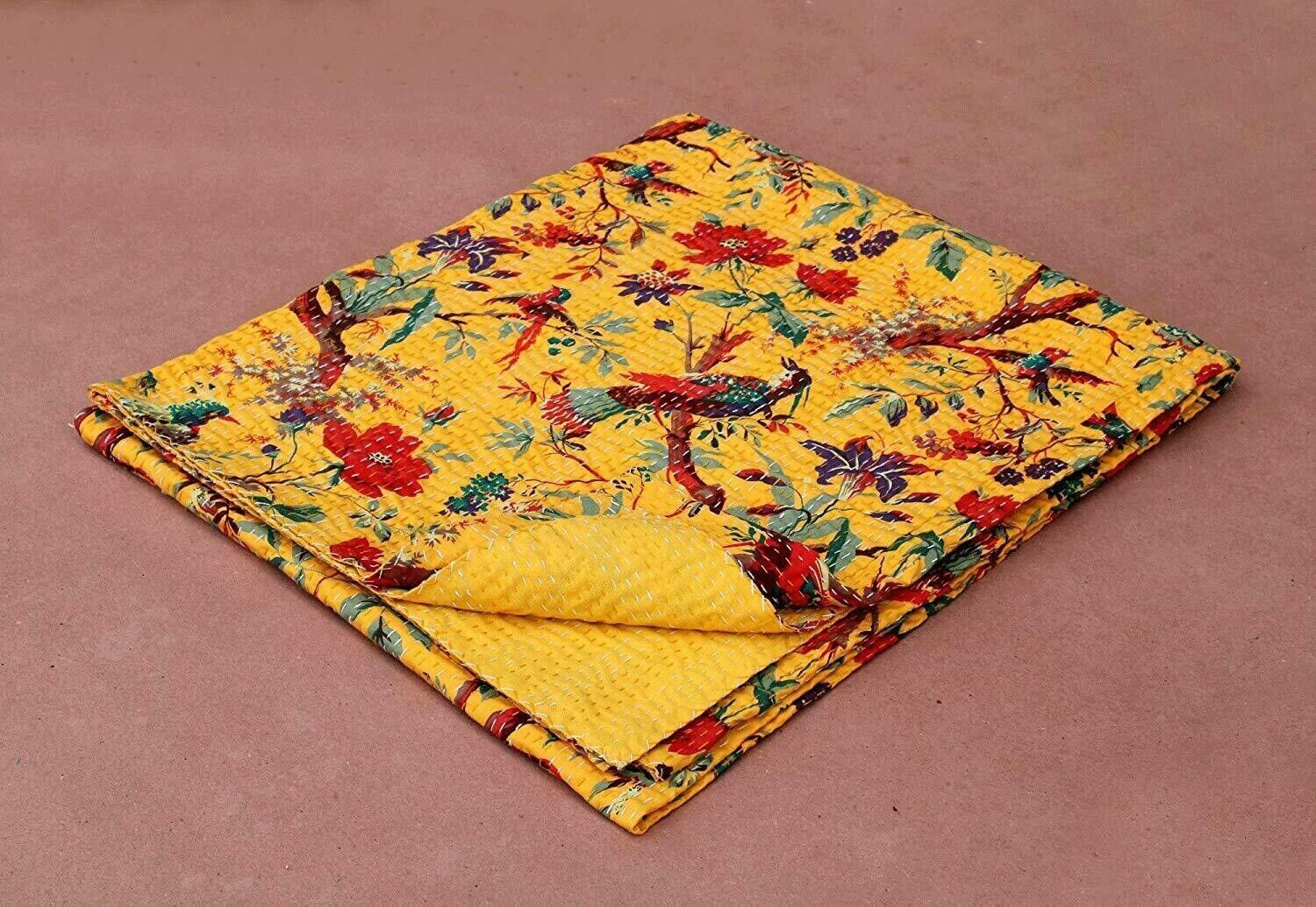 Yellow Floral Kantha Quilt Handmade Cotton Blanket Bedspreads Ralli
