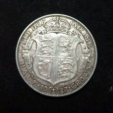 UK  George V Bare Head 1927  Half  Crown,  Crowned Shield .500 Silver Coin. G2