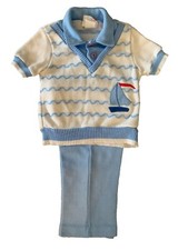 Vtg Boy's Bull Frog Knits Blue Short Sleeve Sweater Pants Size 18 Months