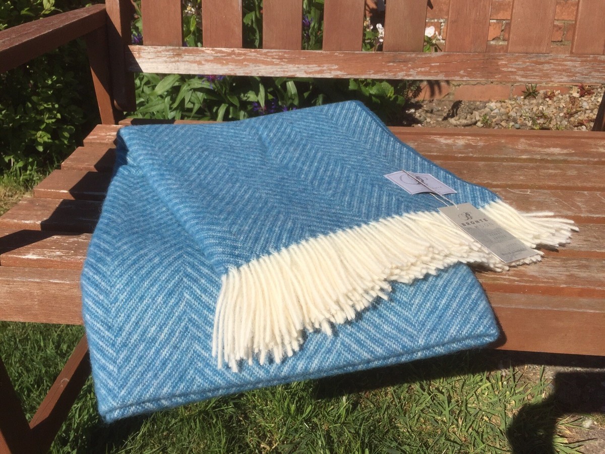 Bronte By Moon Herringbone Aqua Blue Blanket Throw 100% pure New