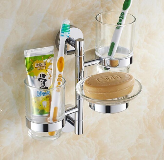 Bathroom Toothbrush Holder Glass Cups Soap Dish Storage Shelf Wall