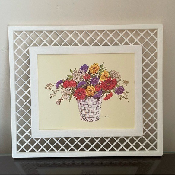 Vintage Olivia Jane Williams Signed Lattice Framed Art Print MCM Shabby Chic 70s