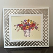 Impresión artística enmarcada en celosía firmada por Olivia Jane Williams MCM Shabby Chic años 70