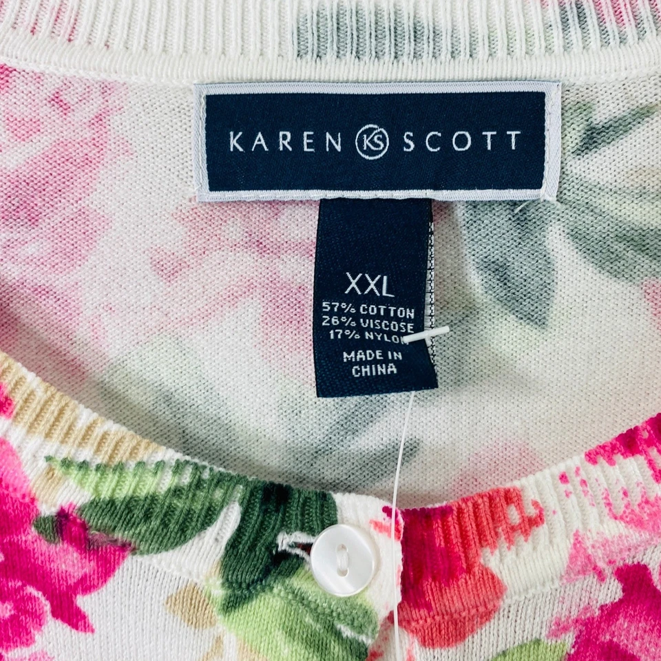Cárdigan Suéter Karen Scott Para Mujer XXL Cottagecore Blanco Rosa Capas Florales Foto 3 de 4