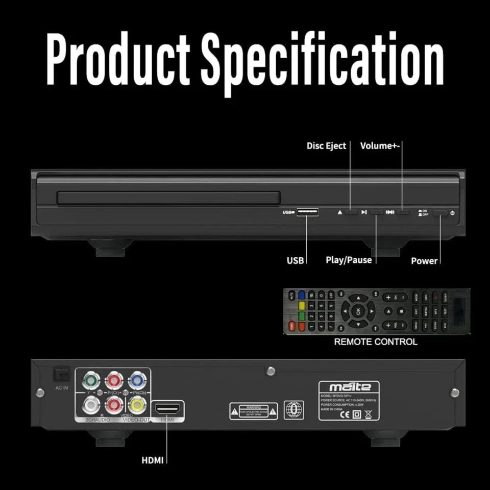 DVD Player, HDMI AV Output, All Region Free CD Players for TV, Black 