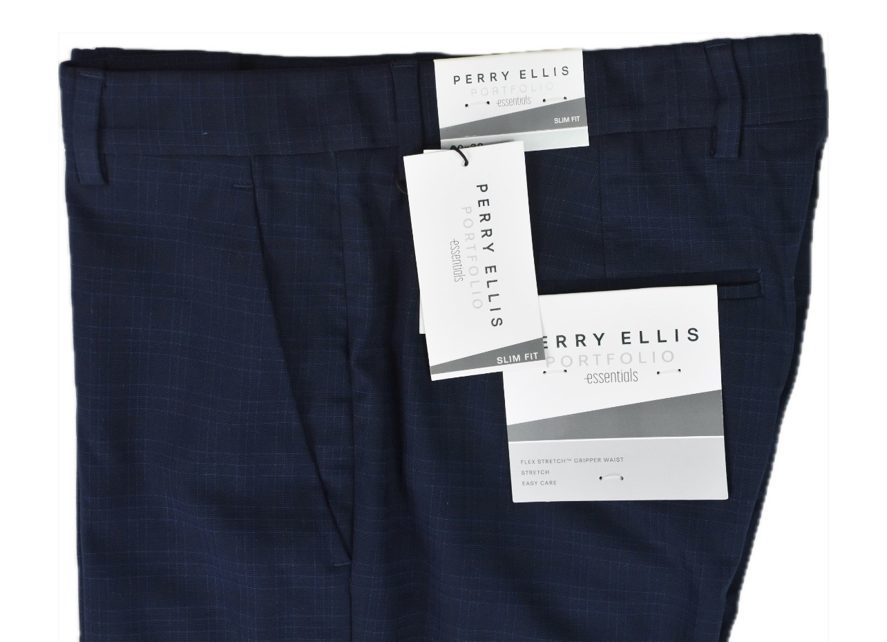 Perry Ellis Portfolio Mens Navy Check Slim Pants 32 X 32 $95 PTBFD040