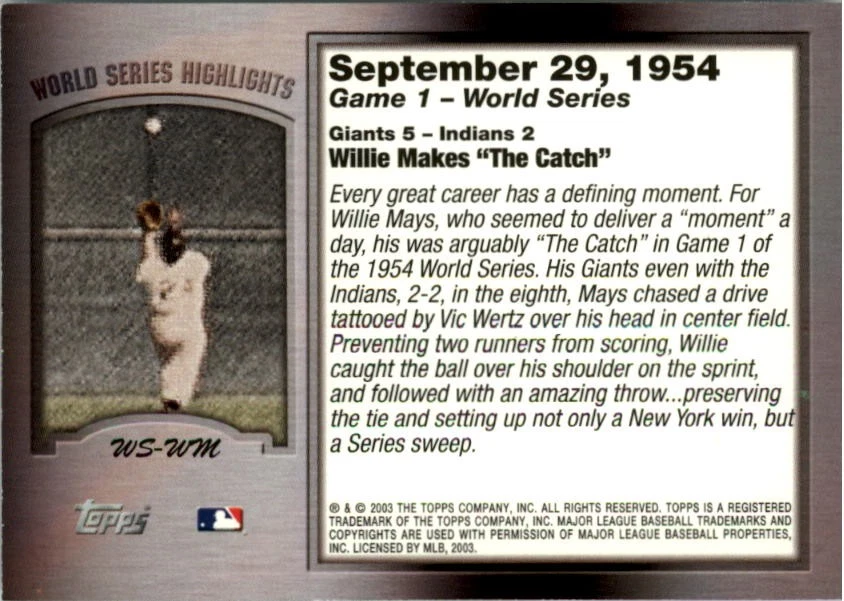 2004 Topps World Series Highlights #WM1 Willie Mays 1 Card - Image 2 of 2