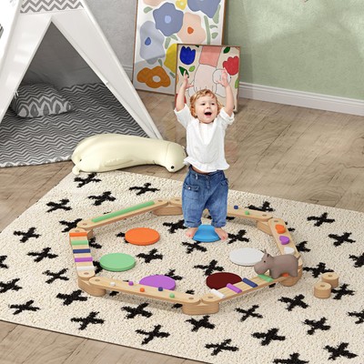 Kids Balance Beam, Wooden Balance Board with Stepping Stone