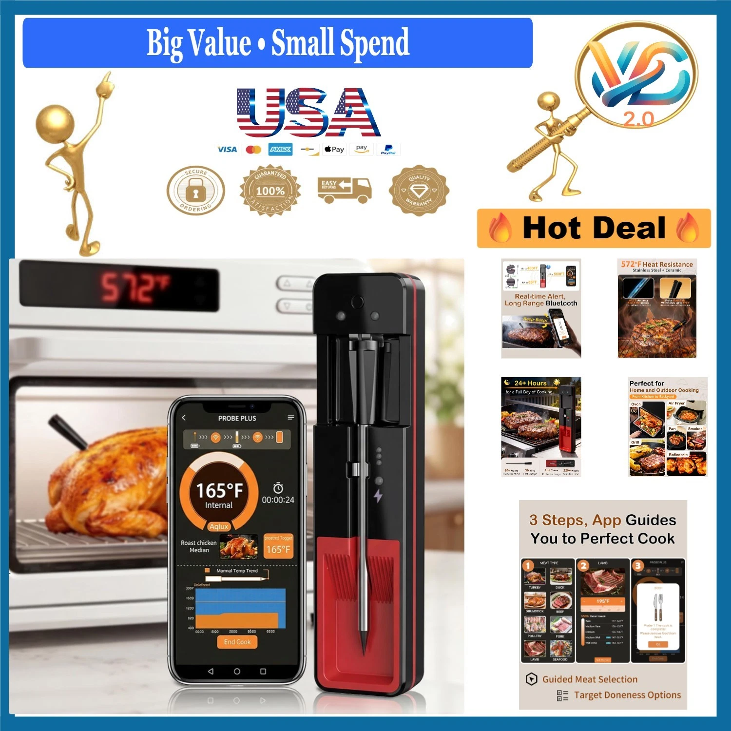 Wireless Meat Thermometer Digital Bluetooth 900ft App Alarm Timer High Heat 5...