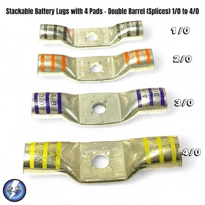 Stackable Battery Lugs with 4 Pads - Double Barrel (Splices) 1/0 to 4/0 