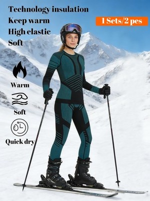2er Damen Nahtlos Thermounterwäsche Set Ski Sport Top&Bottom Winter unterwäsche
