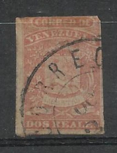 Venezuela: 1859; Scott 003, 2 reales, red, Used, average edge, EBV1652 - Picture 2 of 2