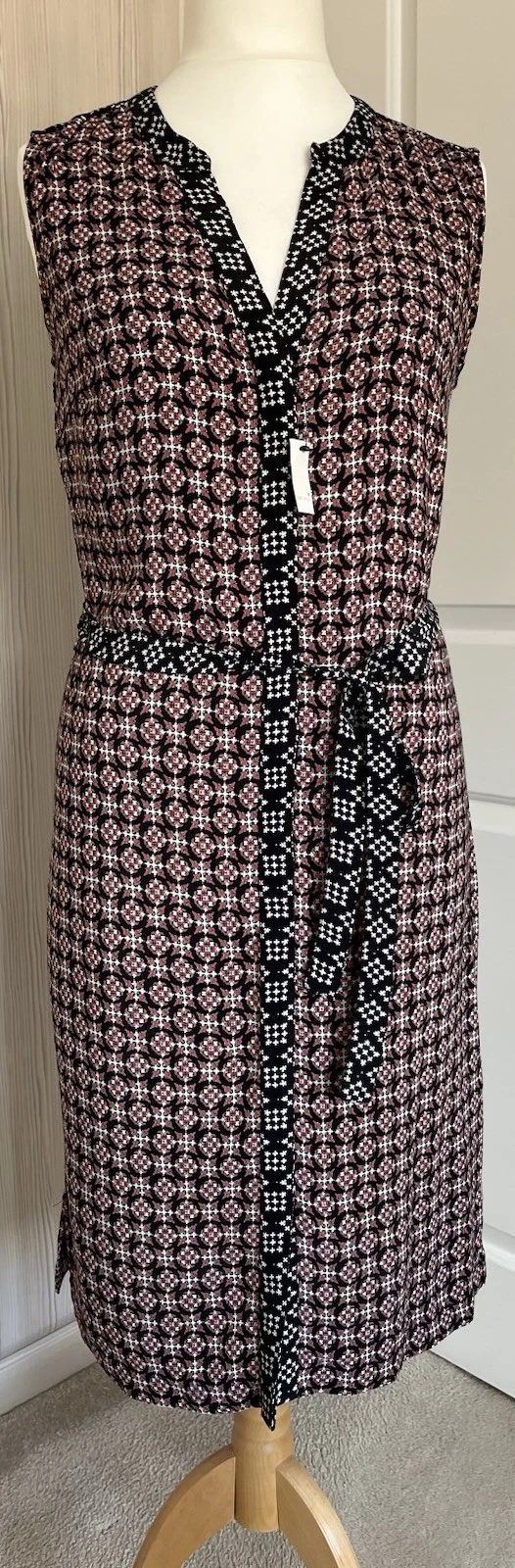 Per Una Sleeveless Shirt Dress Size 14 Geometric Midi Tie Up Placket Closure