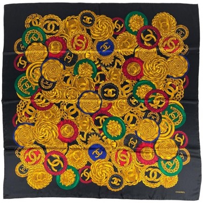 Authentic  chanel scarf large coco mark Camellia Accessories silk 38in gold
