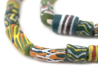 Green Medley Krobo Beads Long Strand 13mm Ghana African Multicolor Cylinder