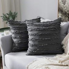 MIULEE 2-Pack Boho Linen Striped Jacquard Throw Pillow Covers, 22x22 Dark Grey