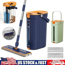 Hands Free Flat Floor Mop and Bucket 3-Tank Wet and Dry Use w/ 2 Microfiber Pads