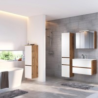 BadmöBel Set Wotaneiche Waschtisch Led-Spiegelschrank Seitenschrank Midischrank