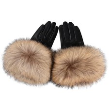 Women Genuine Lambskin Leather Gloves With Real Fox Fur Large Natural Brown