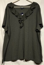 Chaps Lace Ruffle V-Neck Top Short Sleeve 100% Cotton Dark Olive Sz 3X NWT