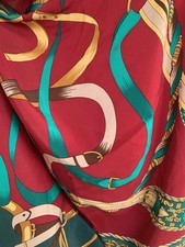 Patoly Silk Scarf 34 x32 Equestrian Chain Print Red Green Gold A56