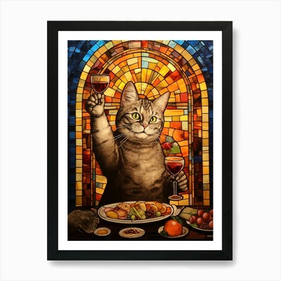 Mosaik einer Katze genießt Wein an einem gerahmten Wandbild Poster Leinwanddruck Bild