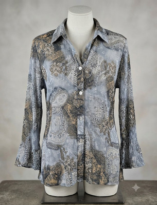 Cato Woman Paisley Button-Up Collared 3/4 Sleeve Top Gray Brown Size 14/16W