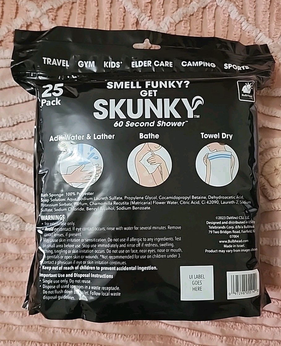 Skunky No Rinse Bathing Wipes, Cleans Without a Shower, Fast & Easy, 25 Count