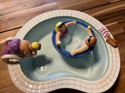 Lotus 1995 Chubby Chip and Dip Bowl Set Swimming Pool Party Ceramic Set Vtg