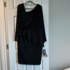 Adrianna Papell Black Dress Sheer Long Sleeve Ruffle Front Ruched Stretch 14