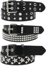 3 PCS Black Studded Belt Y2K Star Goth EMO Punk Rock Double Grommet Belts