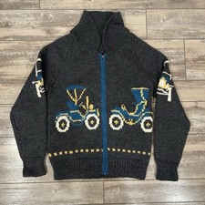 Vtg 50s 60s Handknit Antique Car Cardigan Sweater Lined Wool Cowichan Lebowski
