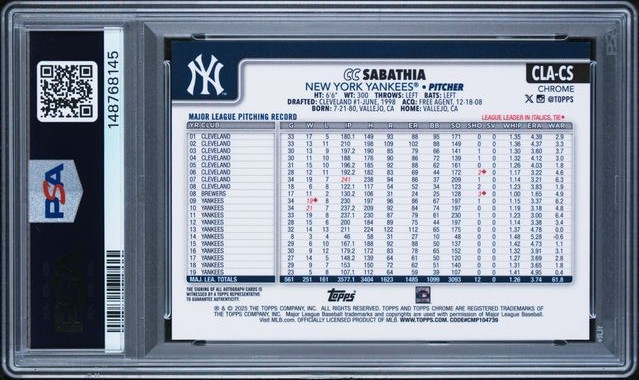 2025 Topps Chrome Update Series Chrome Legend Autographs CC Sabathia /50 PSA 9 view 2