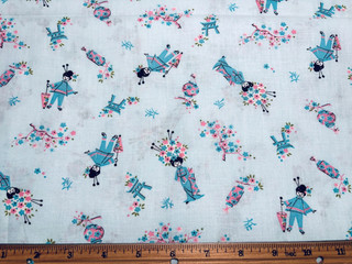 Antique Vintage Cotton Fabric 1950s Oriental Asian Ladies Novelty 36w 2/3yd