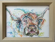 Highland Cow, #2, Original Watercolor Pencil Painting, Frame